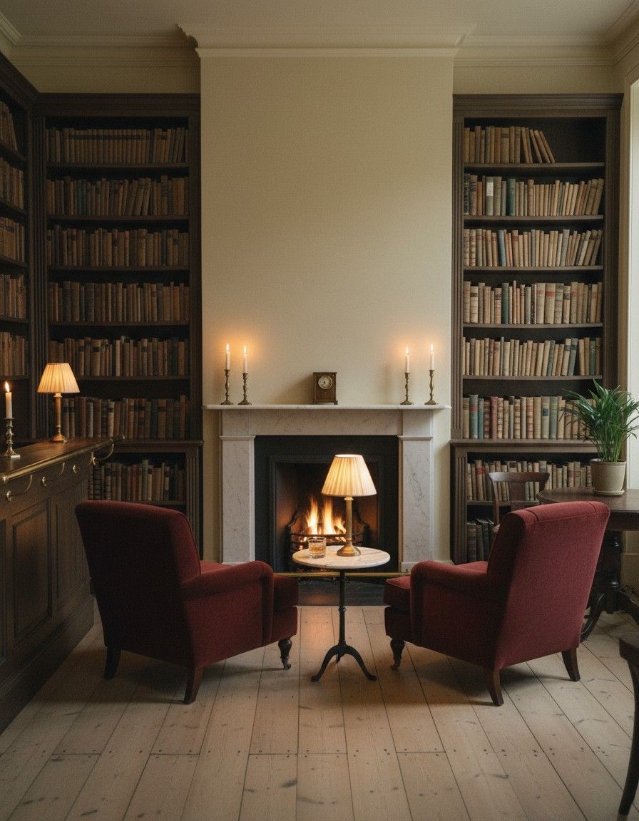 The library bar at night with velvet armchairs, a lamp and a low fire