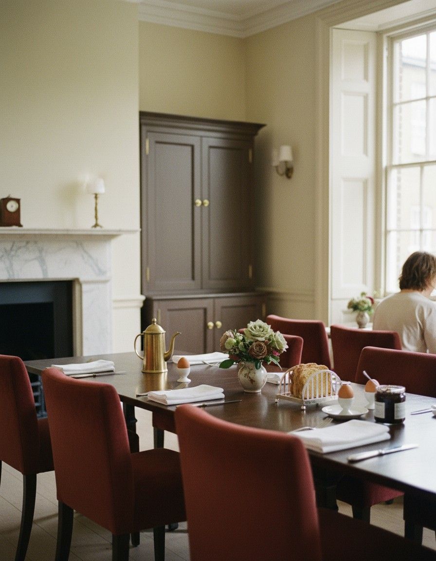 The breakfast table in north light, with a brass coffee pot, eggs and marmalade