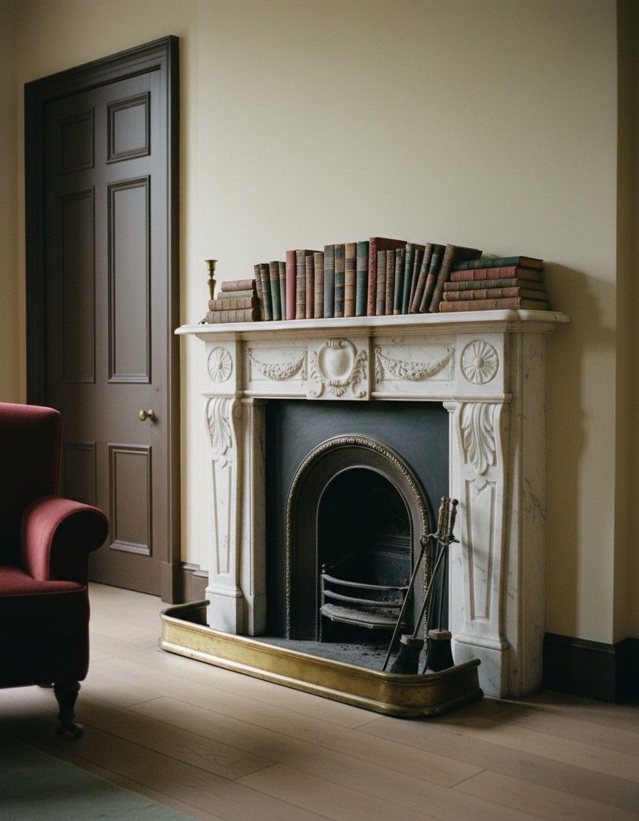 A carved marble fireplace with a brass fender and old books on the mantel