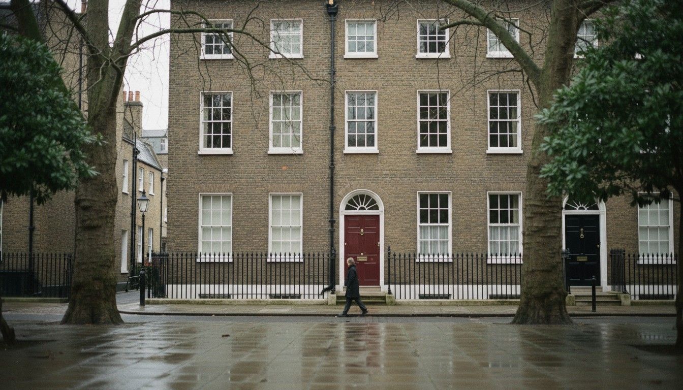 The brick front of Thursby House on Fennell Square on a grey morning, with an oxblood door and plane trees