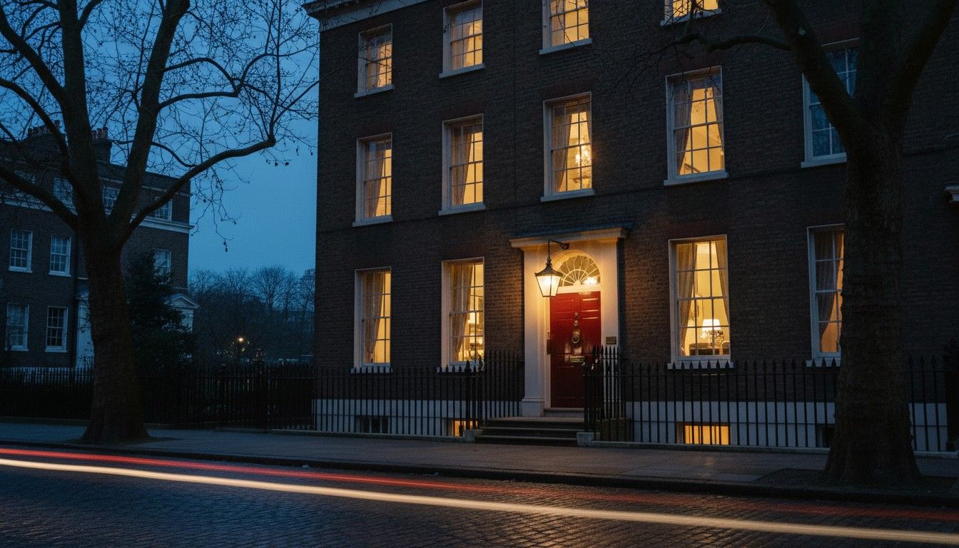 Thursby House at dusk with lamp light in the tall windows and a lantern lit over the door