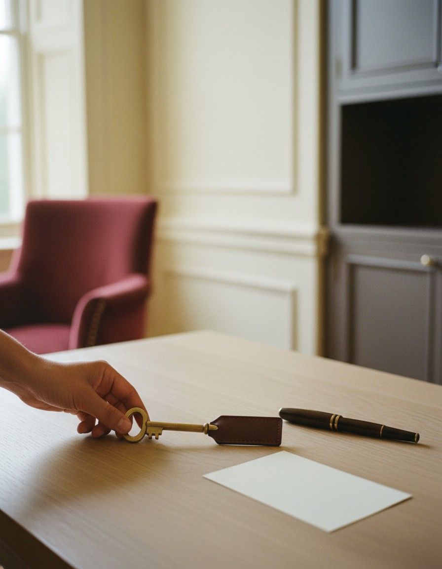 Imogen placing a brass room key on the oak hall desk