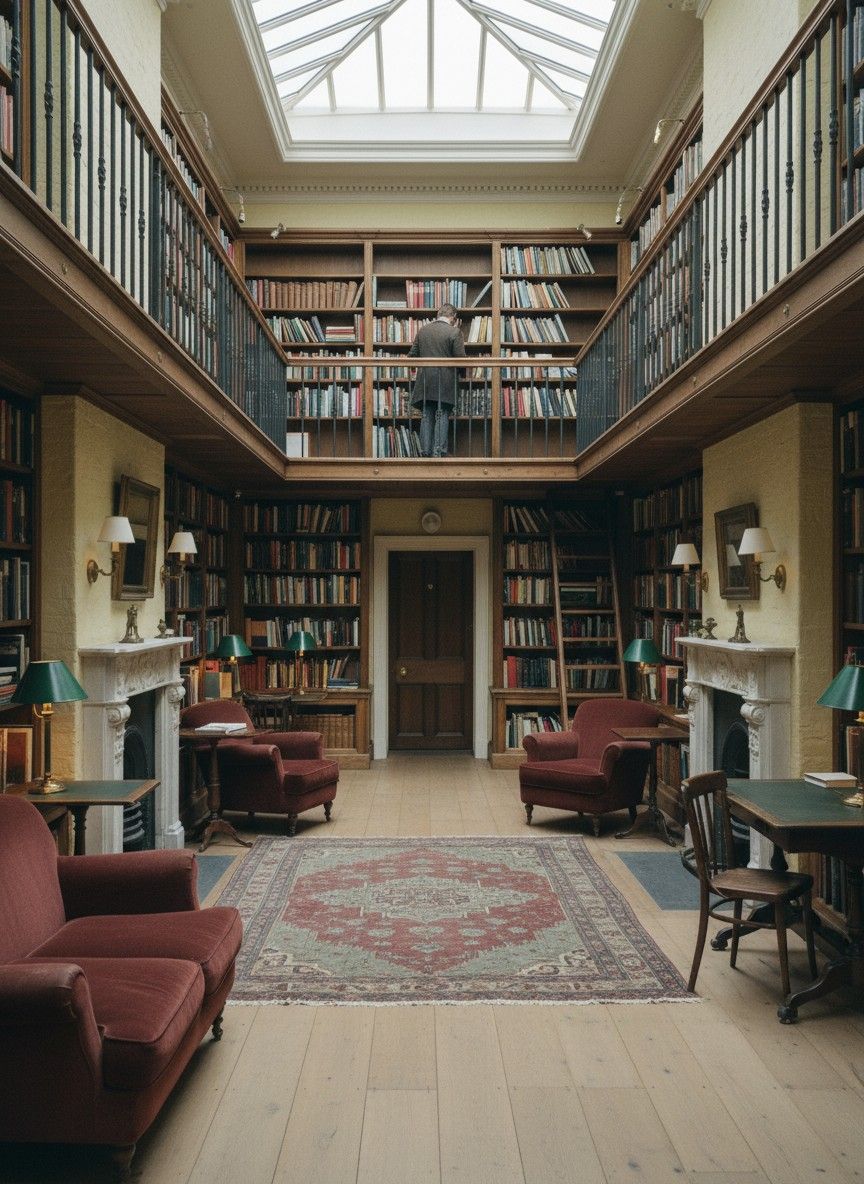 Long oak galleries and green lamps inside an old bookshop