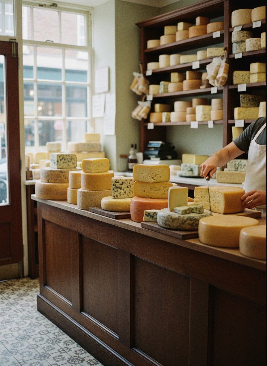 Hands cutting a wedge from a wheel of cheese on a wooden counter
