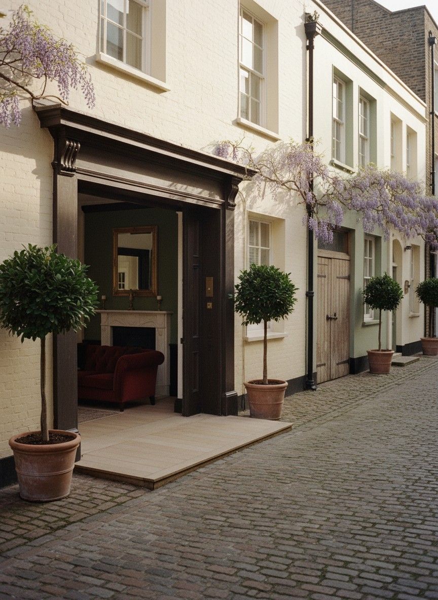 A cobbled mews with painted houses and wisteria over the doors