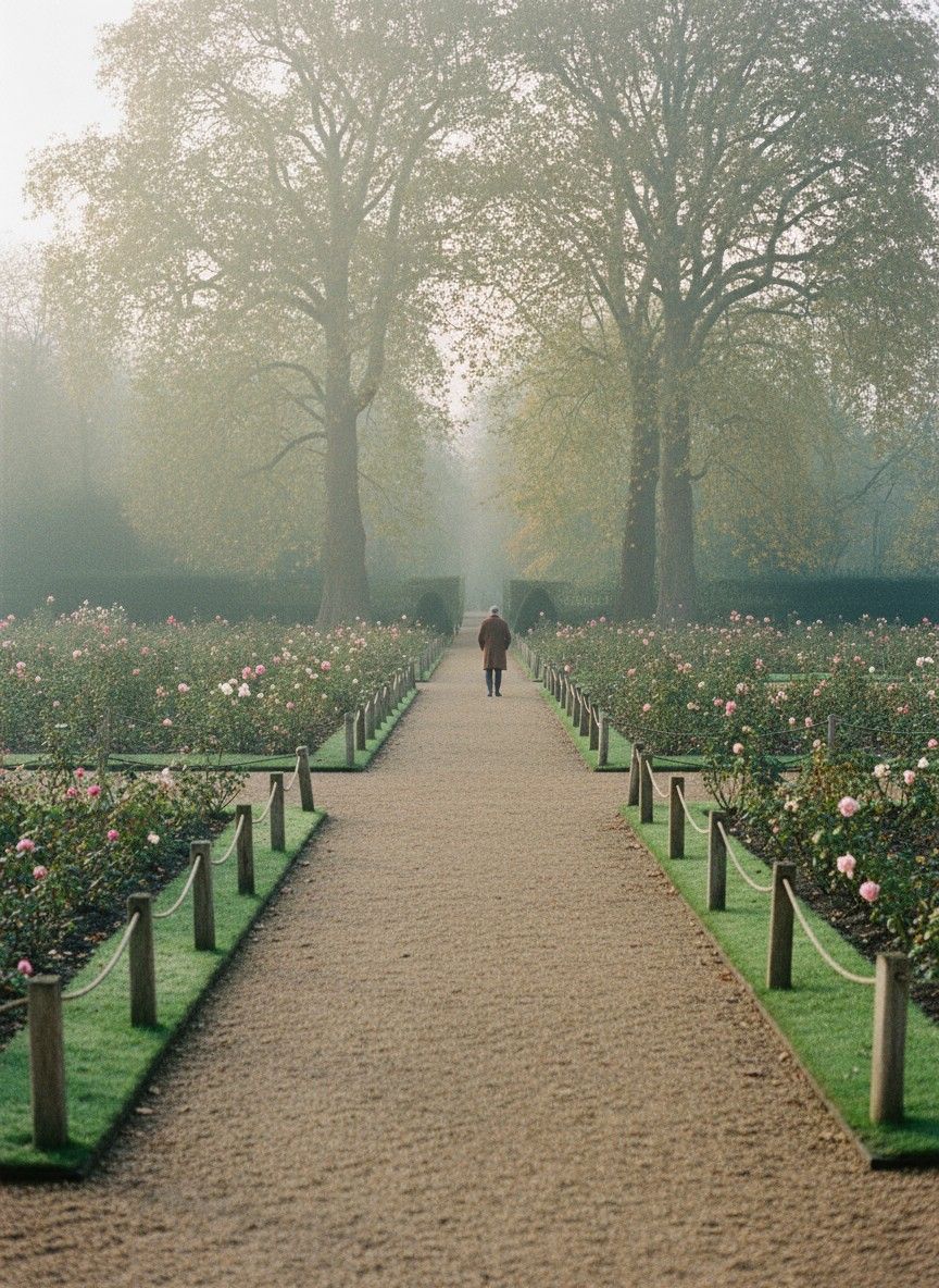 A gravel path between rose beds in a London park on a misty morning