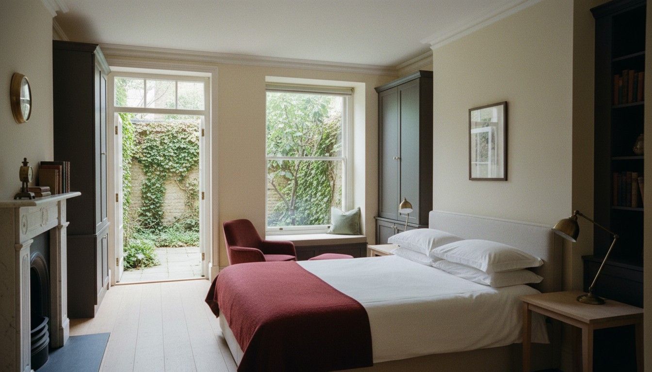 A Garden Room with white linen and an oxblood throw, its glazed doors open to an ivy-covered walled garden