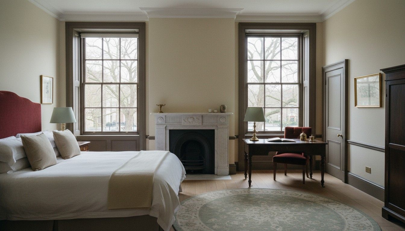 A Square Room with tall sash windows onto plane trees, a marble fireplace and a claret velvet headboard