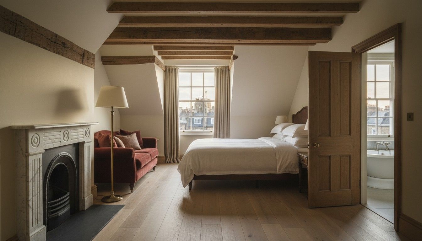 A Top Floor Suite under old oak beams, with a claret velvet sofa, a marble fireplace and a window over the rooftops, the bath beyond an open door