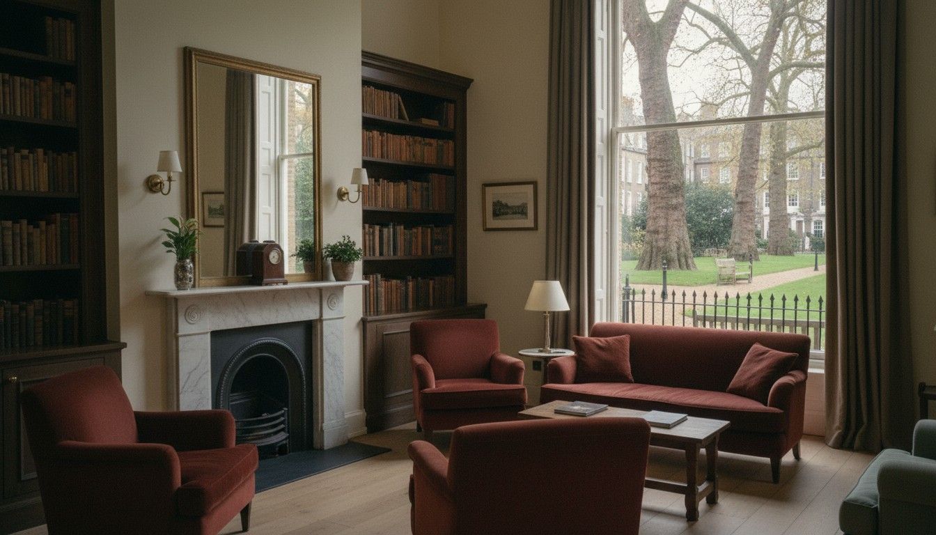 The first-floor drawing room by day, with velvet chairs and a tall window onto the plane trees and railings of the square