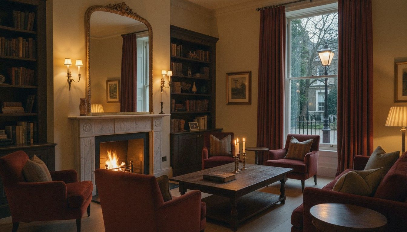 The drawing room at night with lamps and a fire lit, the square lamp glowing outside