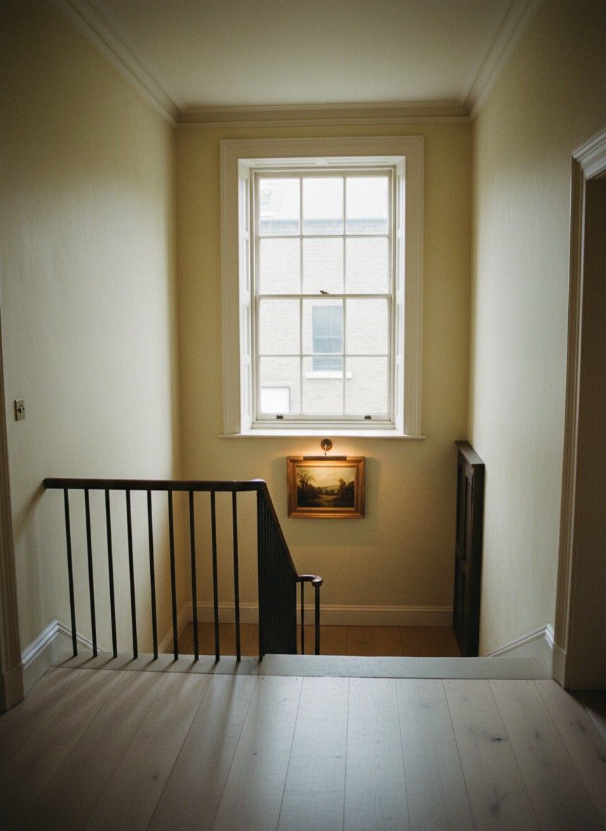The top of the stair at number 11, lit from a sash window, with a small landscape under a brass picture light